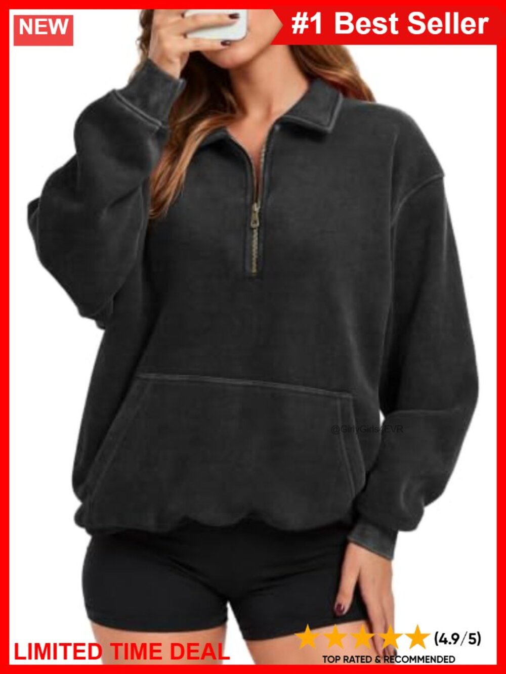 Acid Wash Quarter Zip Oversized Fleece Sweatshirt Collared Pullover